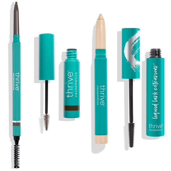 Waterproof eyebrow liner + gel for dark brunette to black hair, waterproof eye highlighter and vegan tubing mascara