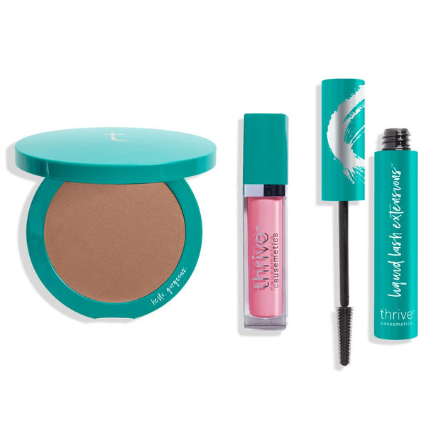 vegan bronzer makeup, vegan high-shine lip gloss, vegan tubing mascara