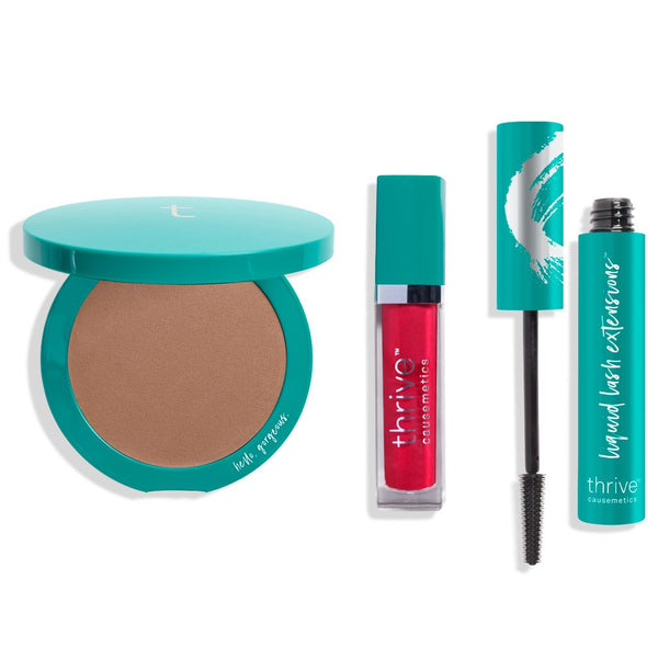 vegan bronzer makeup, vegan high-shine lip gloss, vegan tubing mascara