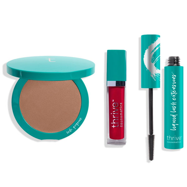 vegan bronzer makeup, vegan high-shine lip gloss, vegan tubing mascara