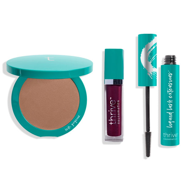 vegan bronzer makeup, vegan high-shine lip gloss, vegan tubing mascara