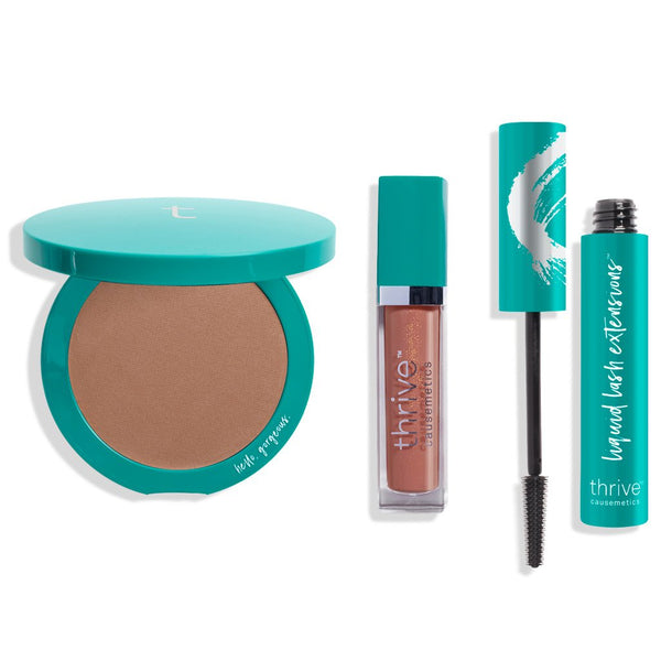 vegan bronzer makeup, vegan high-shine lip gloss, vegan tubing mascara