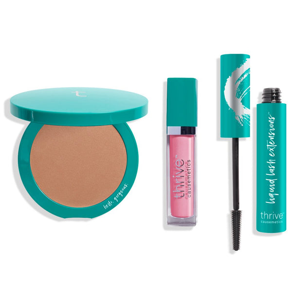 vegan bronzer makeup, vegan high-shine lip gloss, vegan tubing mascara