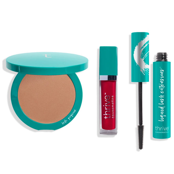 vegan bronzer makeup, vegan high-shine lip gloss, vegan tubing mascara