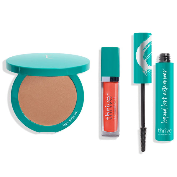 vegan bronzer makeup, vegan high-shine lip gloss, vegan tubing mascara