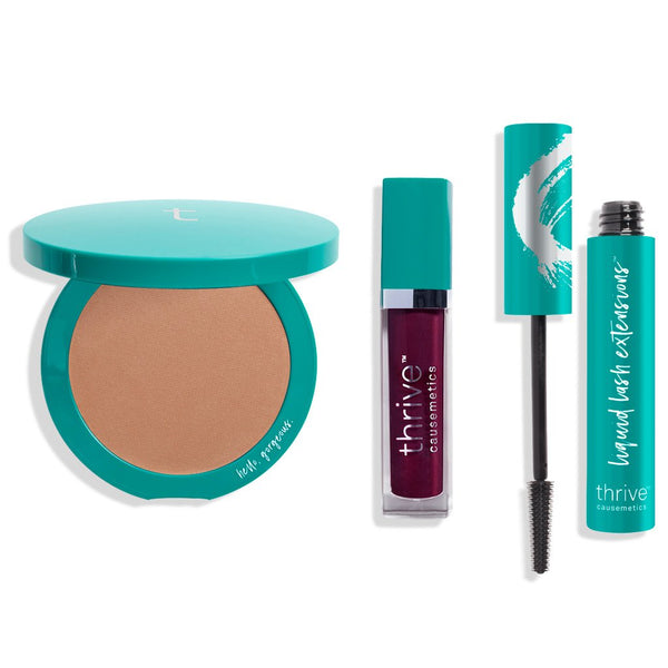 vegan bronzer makeup, vegan high-shine lip gloss, vegan tubing mascara