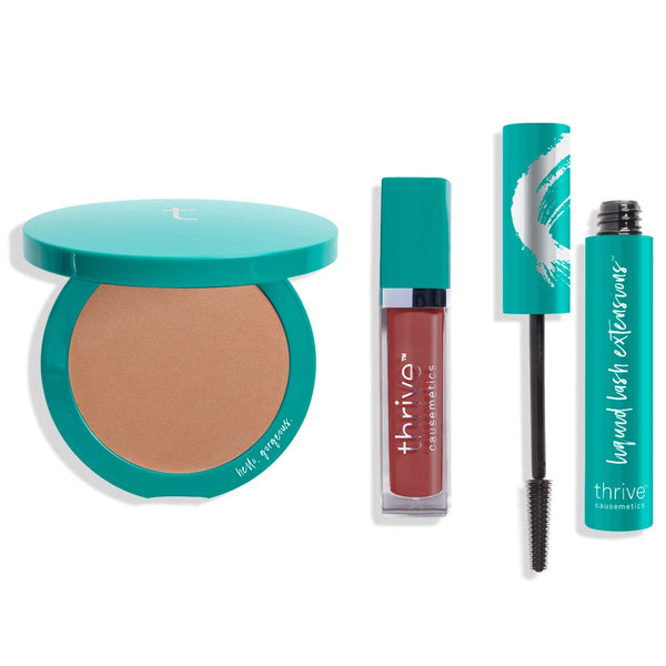 vegan bronzer makeup, vegan high-shine lip gloss, vegan tubing mascara