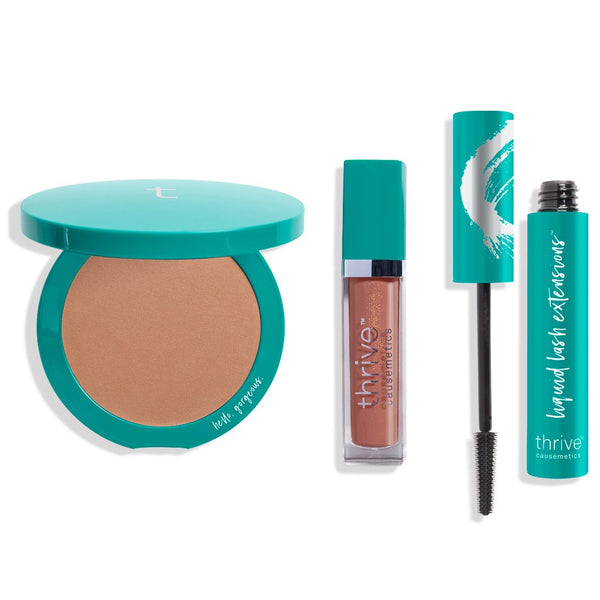 vegan bronzer makeup, vegan high-shine lip gloss, vegan tubing mascara